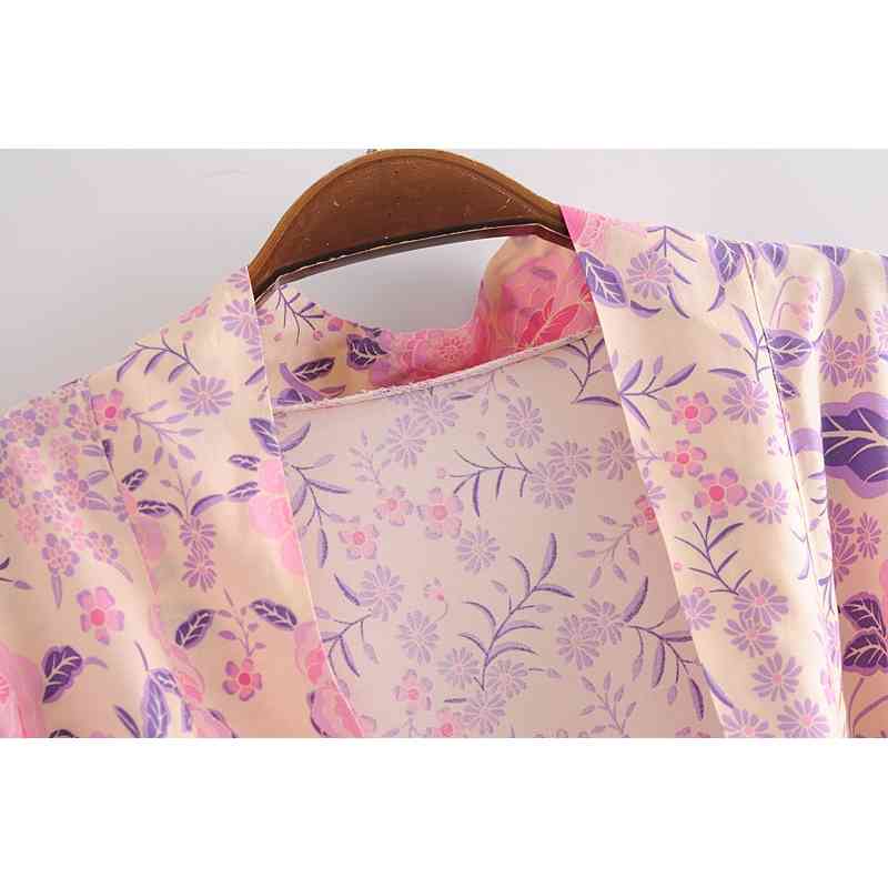 Bohemia V neck Pink Flower Print Maxi Long Kimono Cardigan Ethnic Women Tie Bow Sashes Shirt BOHO Loose Blouse Tops Holiday 210429