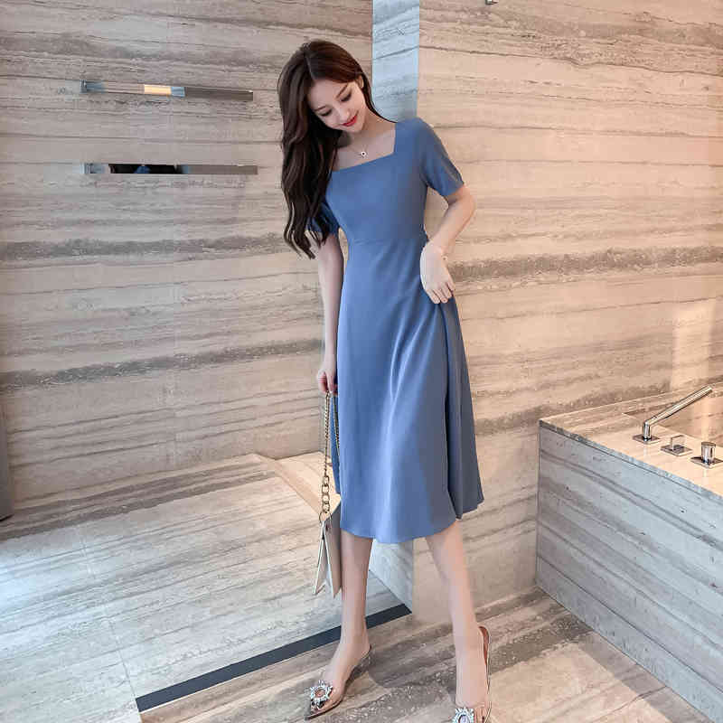 Summer Women Elegant Hollow Out Waist Belted Dress Female Casual Vintage Slim Square Collar Midi Temperament 210506