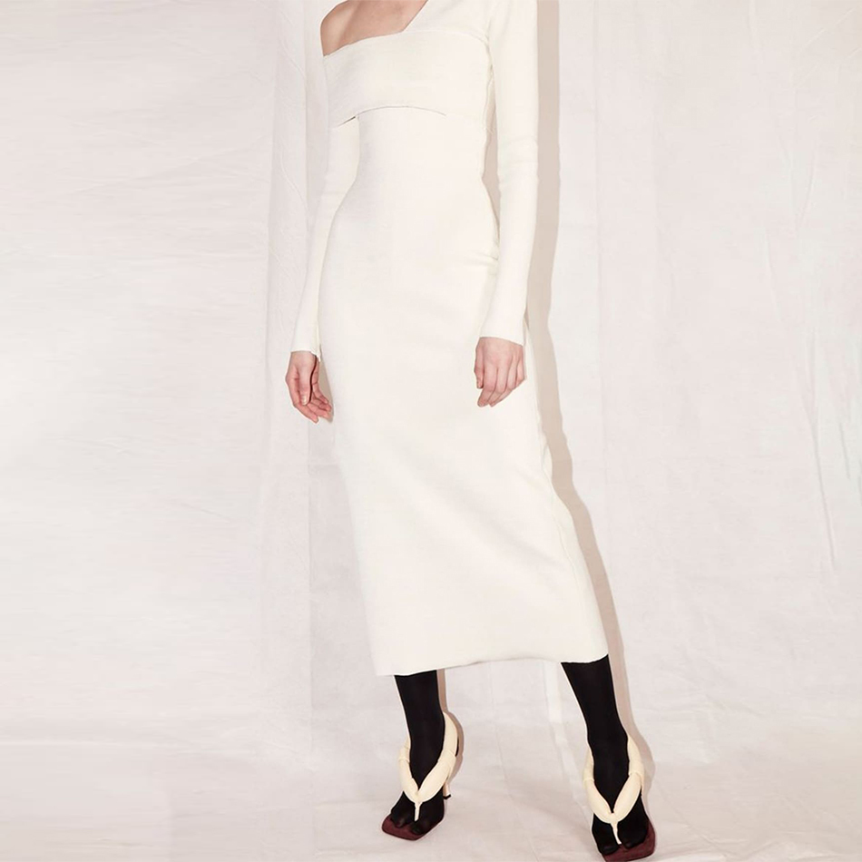 Winter Women One Shoulder Long Sleeve Bandage Dress Sexy Hollow Out White Celebrity Runway Party Bodycon Dresses 210423