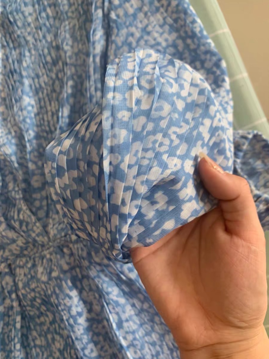 summer chiffon blue floral printed v-neck long sleeve ruffles playsuit women beach holiday casual wear lady clothes sashe 210421