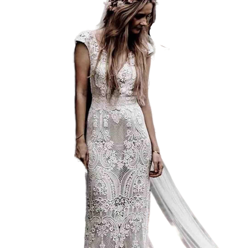 Bohemian Crochet Cotton Lace Mermaid Wedding Dresses Bridal Gowns Cape Sleeves 2022 Hppie Style Beach Boho Country Vintage Bride Dress Sexy Backless