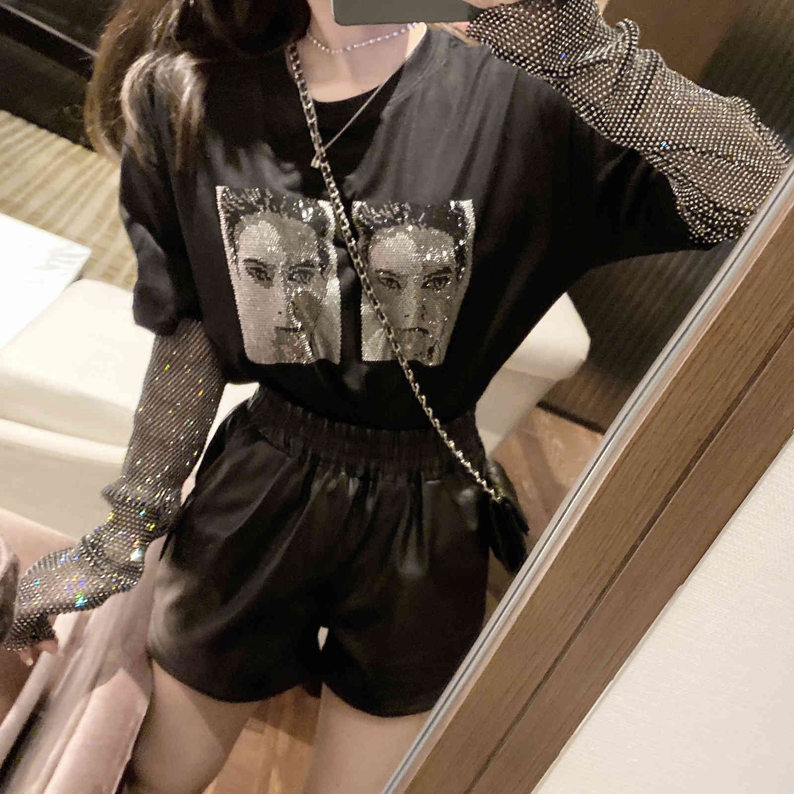 Glitter Diamond Mesh Black T Shirt Oversized Korean Black Sexy T-shirt Women Summer Tee Shirt Harajuku Tshirts 210518