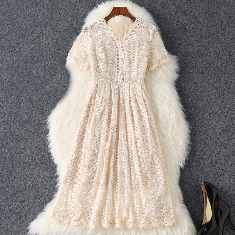 2021 Summer Fall Short Sleeve V Neck Apricot Pure Color Lace Hollow Out Panelled Buttons Mid-Calf Dress Elegant Casual Dresses 21Q288B294
2021 Summer Fall Short Sleeve V Neck Apricot Pure Color Lace Hollow Out Panelled Buttons Mid-Calf Dress Elegant Casual Dresses 21Q288B294