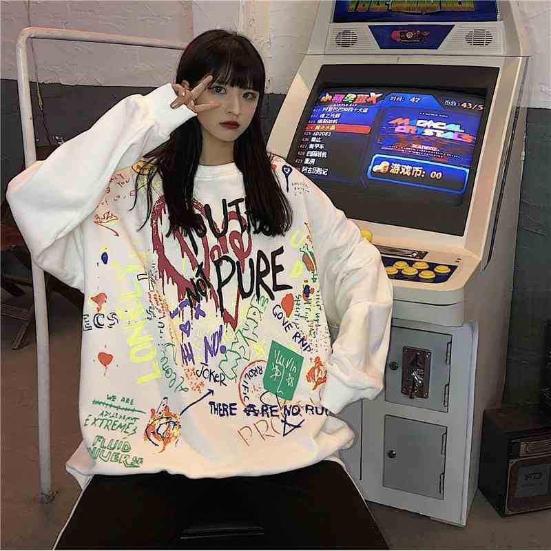 2021 new super fire ins sweater women's autumn and winter Plush thickened Korean graffiti round neck hip hop jacket CEC, White
2021 new super fire ins sweater women's autumn and winter Plush thickened Korean graffiti round neck hip hop jacket CEC, White