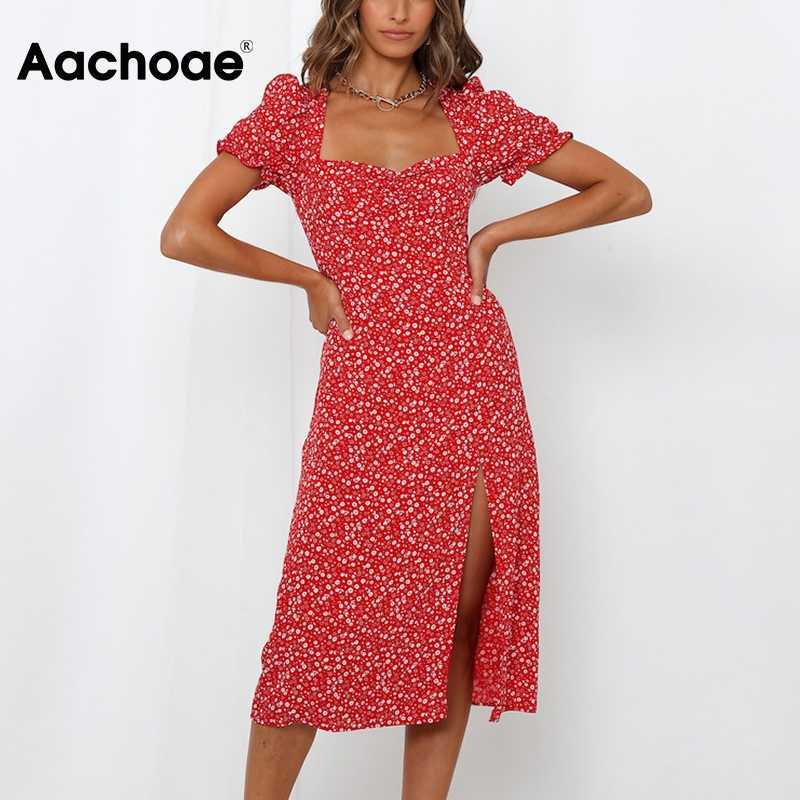 Aachoae Elegant Floral Print Dress Front Split Party Midi Butterfly Short Sleeve Vintage Red A Line Sundress Vestido 210623