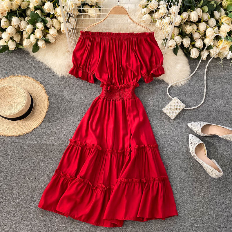 Summer Dresses Solid A-line Short Sleeve Beach Style Sweet Korean Off Shoulder Dress Bow Vestidos High Waist Robe 210519
