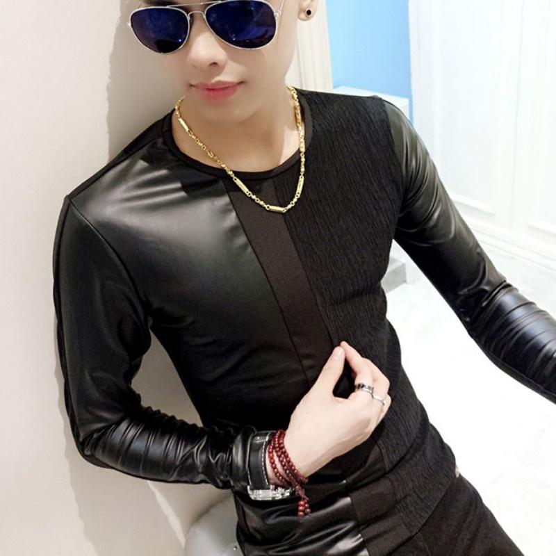 Men's T-Shirts Pu Mens Leather Patchwork Slim Fit T-shirt O-Neck Long Sleeve Pullover Tops Harajuku Winter Fleece Lining Skinny Top, 7004normal
Men's T-Shirts Pu Mens Leather Patchwork Slim Fit T-shirt O-Neck Long Sleeve Pullover Tops Harajuku Winter Fleece Lining Skinny Top, 7004normal