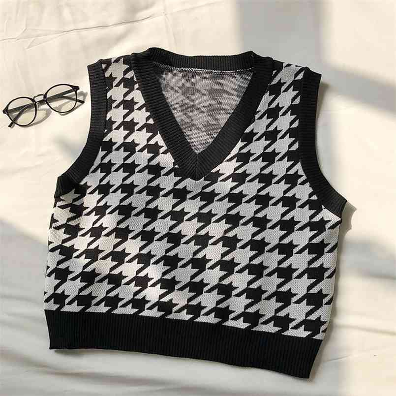 Autumn Houndstooth Knit Vest Women's Loose Korean Outdoor Knitted Waistcoat High Street Sleeveless oversized sweater 210508