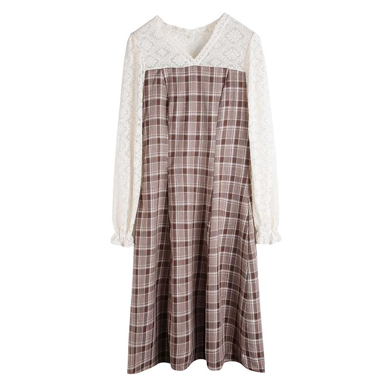 Fashion Women's Clothing Autumn Full Lace Mid-Calf Vintage Dresses Casual