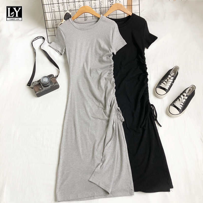 LY VAREY LIN Summer Women Slim Shirring Frenulum Solid Color Medium Long Dress Casual O-neck Short Sleeve High Waist Dresses 210526