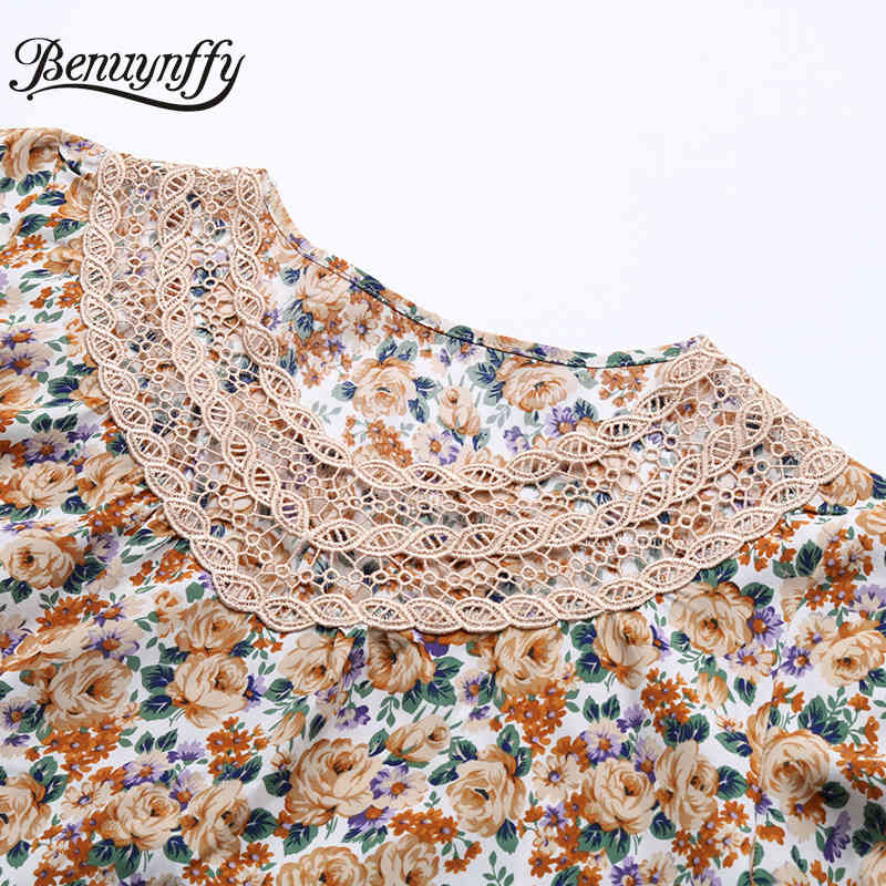 V-neck Hollow Out Ruffle Hem Mini Dresses with Belt Women Summer Boho Casual 3/4 Flare Sleeve Elegant Floral Dress 210510