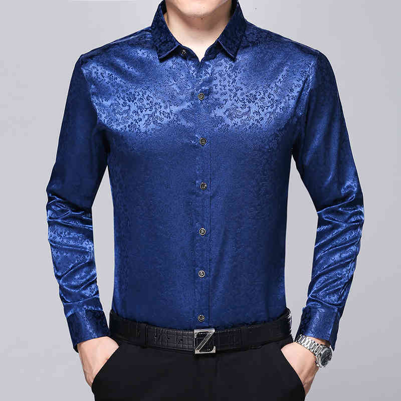 Men's Casual Shirts arrival male satin silk shirt mens fashion floral dress long sleeve gentleman B3DI