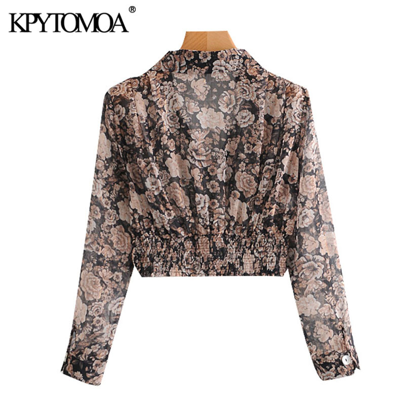 Women Fashion Metallic Thread Floral Print Cropped Blouses Long Sleeve Elastic Hem Female Shirts Chic Tops 210420