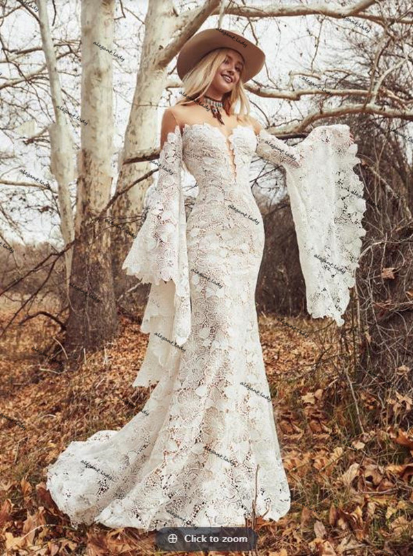Long Boho Sleeves Wedding Dresses 2021 Sheer O-neck Vintage Crochet Bold cotton Lace Bohemian Hippie Country Bride Gowns
