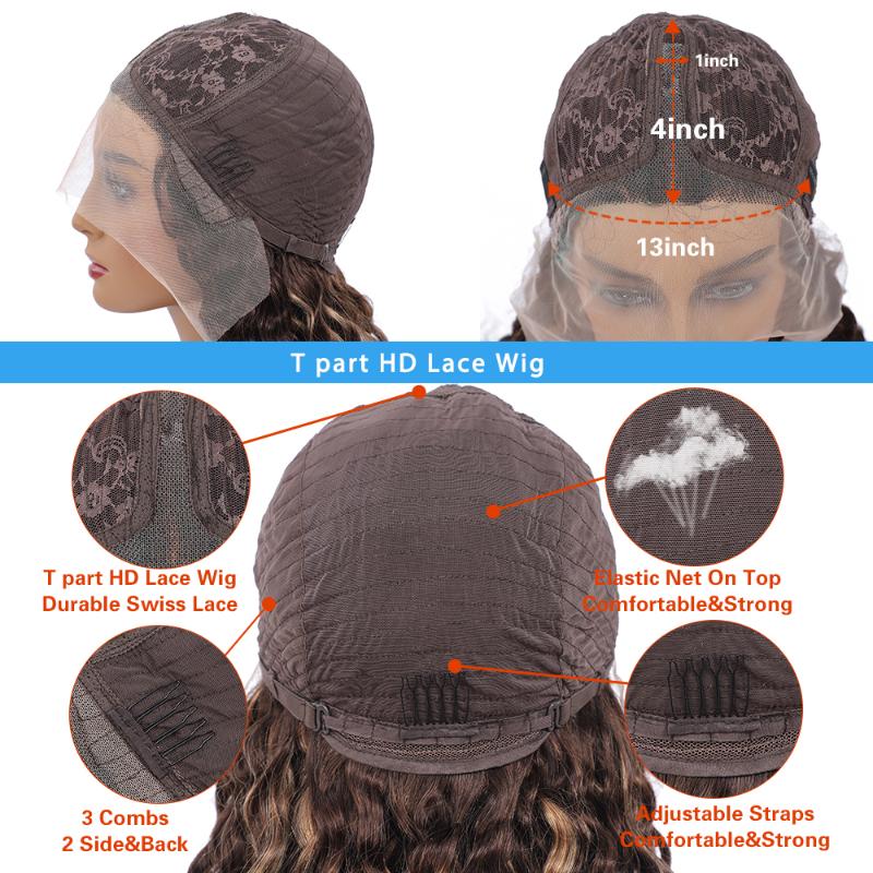 Brazilian 10A Grade Highlight Wig Human Hair Water Wave Lace Front Ombre T Part HD Frontal Pre Plucked 10-26 Wigs