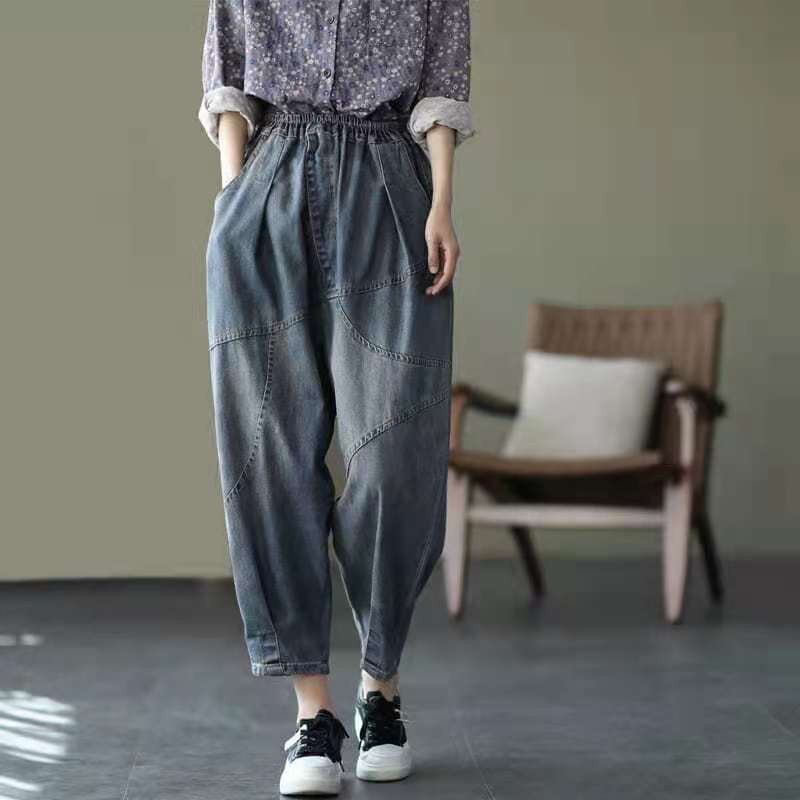 Arrival Summer Women Loose Casual Elastic Waist Harem Pants All-matched Cotton Denim Patchwork Ankle-length Jeans W245 210512
