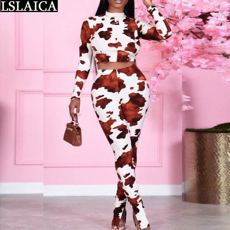 Two Piece Outfits Skinny Printing Fashion 2 for Women Pants and Top Casual Exposed Navel 2 Set 210515