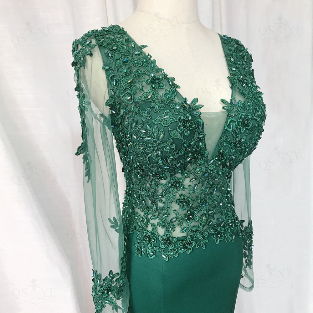 Green Prom Dresses 2022 Elastic Mermaid Long Dress Women Appliques Lace Formal Party Gown Long Sleeves V Neck Emerald Evening