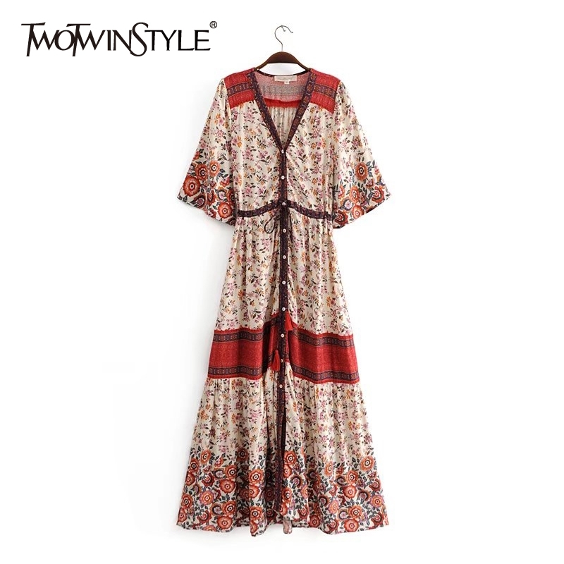 TWOTWINSTYLE Vintage Printed Dress For Women V Neck Short Sleeve High Waist Hit Color Maxi Dresses Female Summer Fashion 210517, Red
TWOTWINSTYLE Vintage Printed Dress For Women V Neck Short Sleeve High Waist Hit Color Maxi Dresses Female Summer Fashion 210517, Red