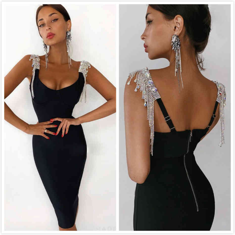 Free Summer Tassel Banage Dress Women Sexy Spaghetti Strap Sleeveless Black Celebrity Runway Evening Party Dresses 210524