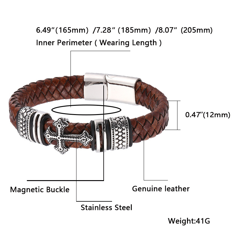 Stainless Steel Cross Charm Magnetic Buckle Bracelet Multilayer Genuine Leather Bracelets for Men Gift