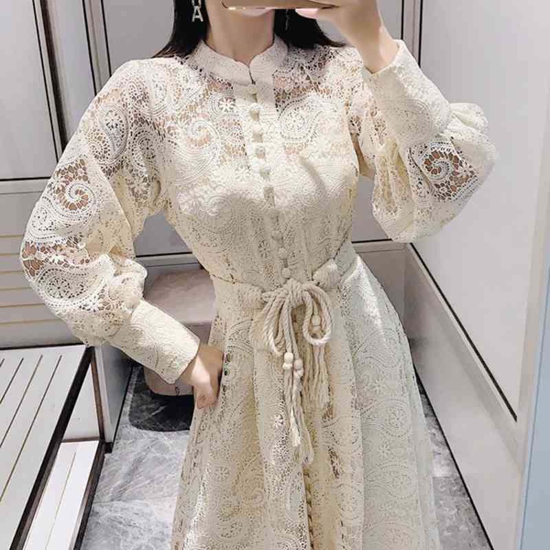 Comelsexy Fashion Autumn Korean Women Dress Stand Collar Lantern Sleeve High Waist Slim Bandage Midi Dresses Female 210515