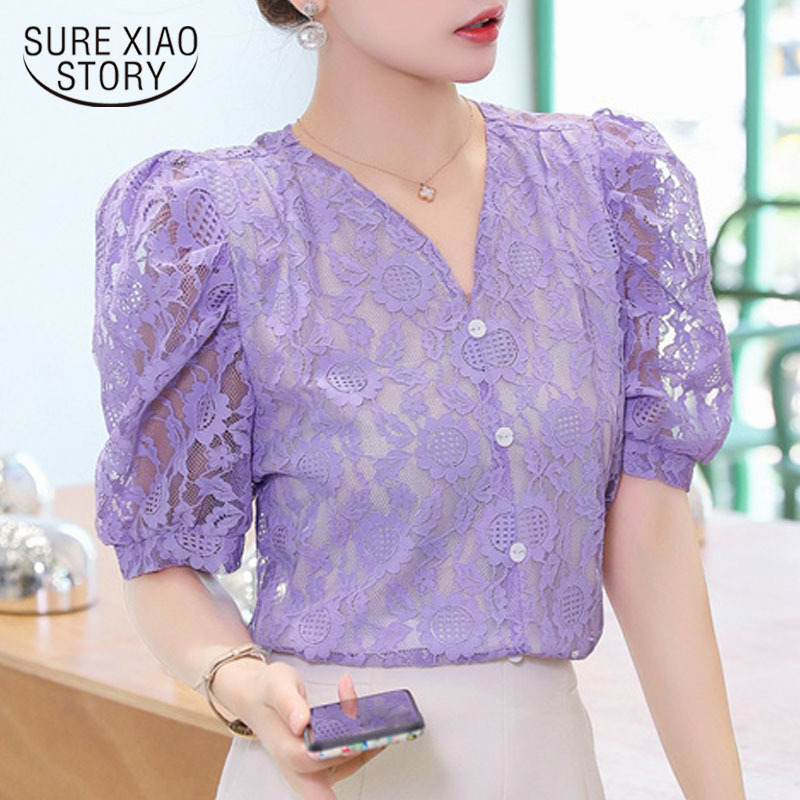 Blusas Mujer De Moda Summer Sexy Lace Puff Sleeve Women Shirt Elegant V-Collar Short Fashion Blouse Tops 9667 210506