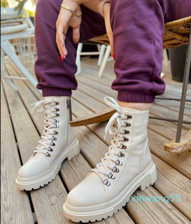 Boots Sandero Leather Postal Season Modern Design Two Different Color Lacing Detail Women Fashion-image