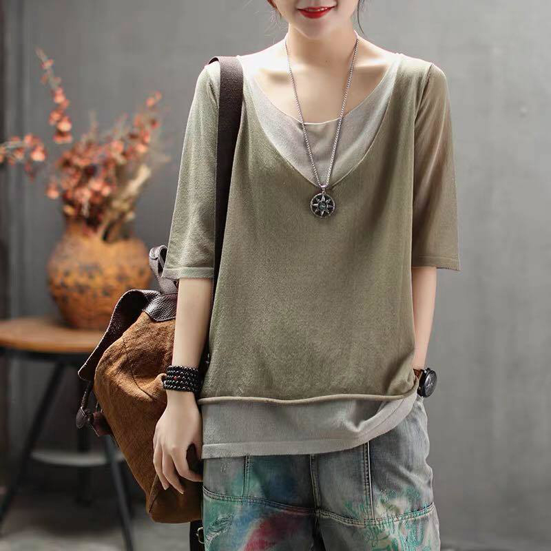 Summer Arts Style Women Half Sleeve Loose Tshirt Casual False Two Pieces O-neck Vintage linen Tee Shirt Femme Tops D412 210512