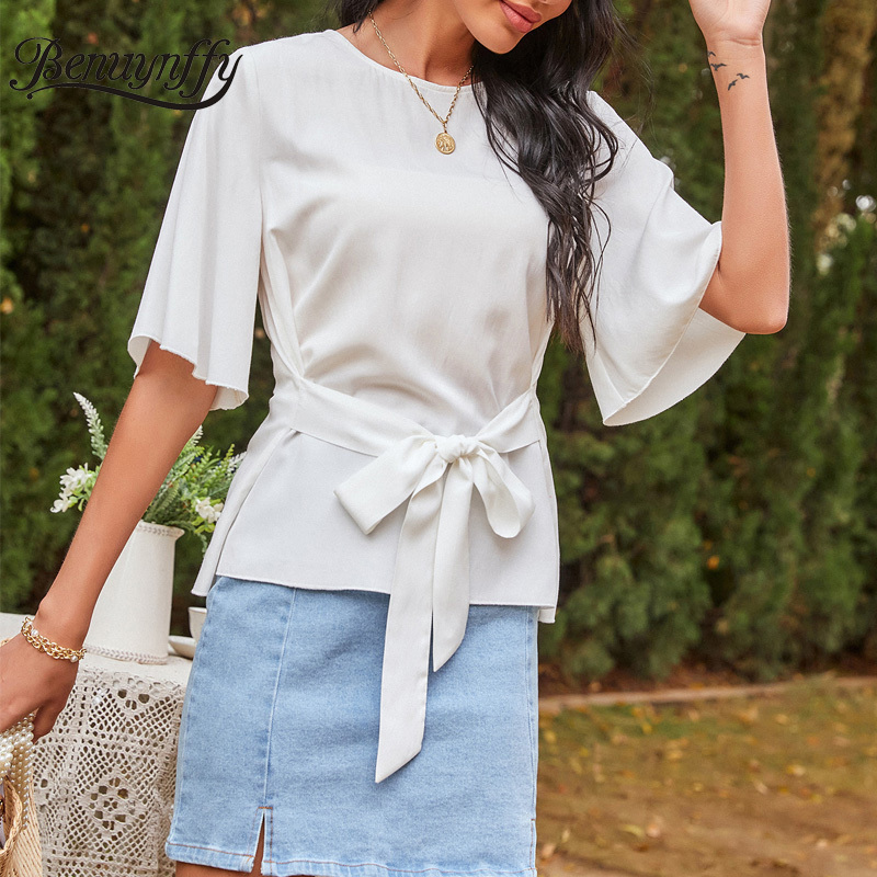 O-Neck Keyhole Back Butterfly Sleeve Chiffon Blouse Women Summer Korean Style Casual Belted Ladies Tops and Blouses 210510