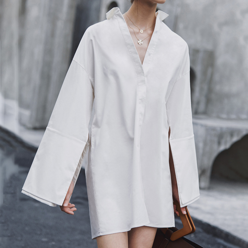 Free Autumn Women White Long Shirt Dress Sexy Lapel Sleeve Single Breasted Party Mini Vestidos 210524