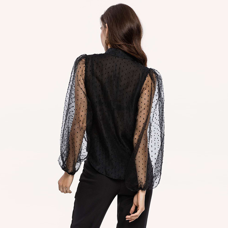 Women Black Organza Blouse Transparent Turn Down Collar Long Puff Sleeve Shirt Female Ladies Tunic Tops 210508