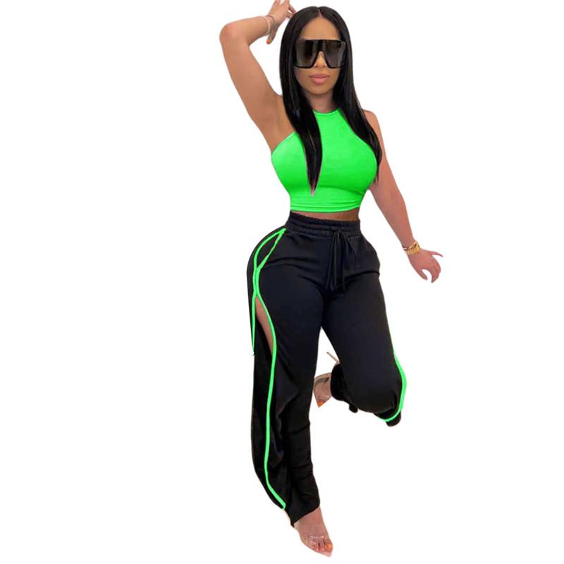 Women Sexy 2pcs Sets Slim Short Tank + Long Pants Tracksuits Summer Sleeveless Solid Color Vest Side-opened Sport Trousers Suits Women's
