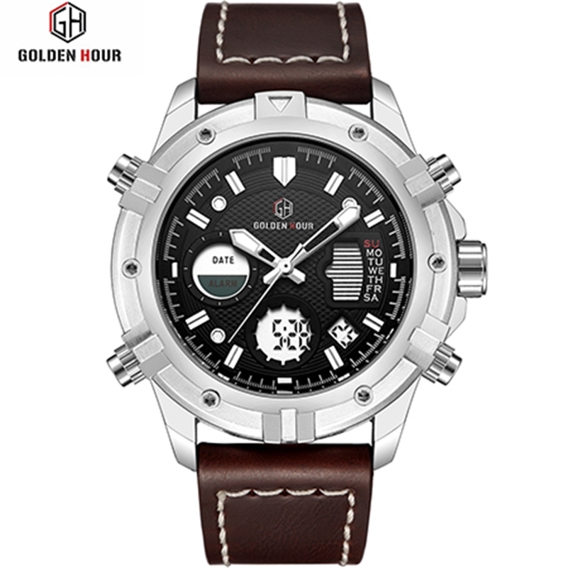 

GOLDENHOUR Fasion Top Brand Men Casual Dual Display Quartz Watch Mens Waterproof Military Leather Wristwatches Relogio Masculino 210517, Silver brown