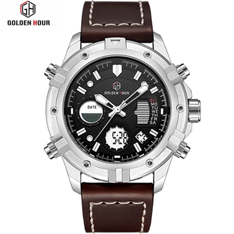GOLDENHOUR Fasion Top Brand Men Casual Dual Display Quartz Watch Mens Waterproof Military Leather Wristwatches Relogio Masculino 210517, Silver brown
GOLDENHOUR Fasion Top Brand Men Casual Dual Display Quartz Watch Mens Waterproof Military Leather Wristwatches Relogio Masculino 210517, Silver brown