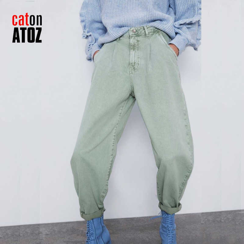 catonATOZ 2248 Women's Cargo Pants Green Pleated Mom Jeans High Waist Loose Harem Boyfriend Casual Trousers 210922