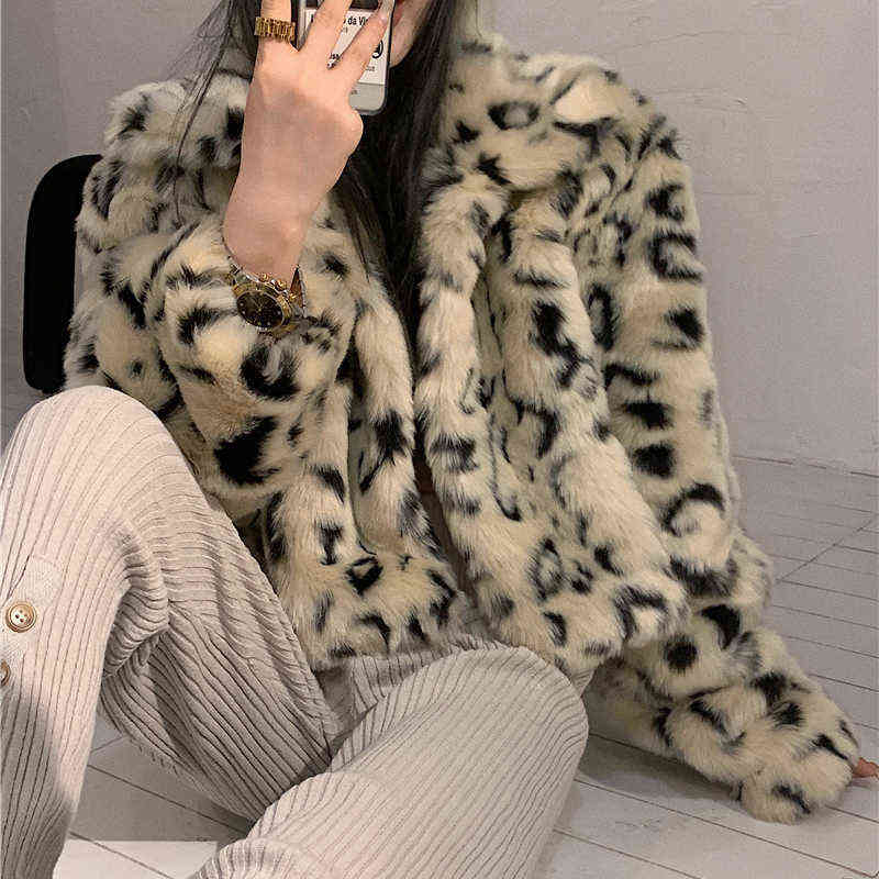 Lucyever Fashion Leopard Short Furry Jacket Womens Spring Keep Warm Faux Fur Coat Woman Korean Turn-down Collar Plush Coats 211123