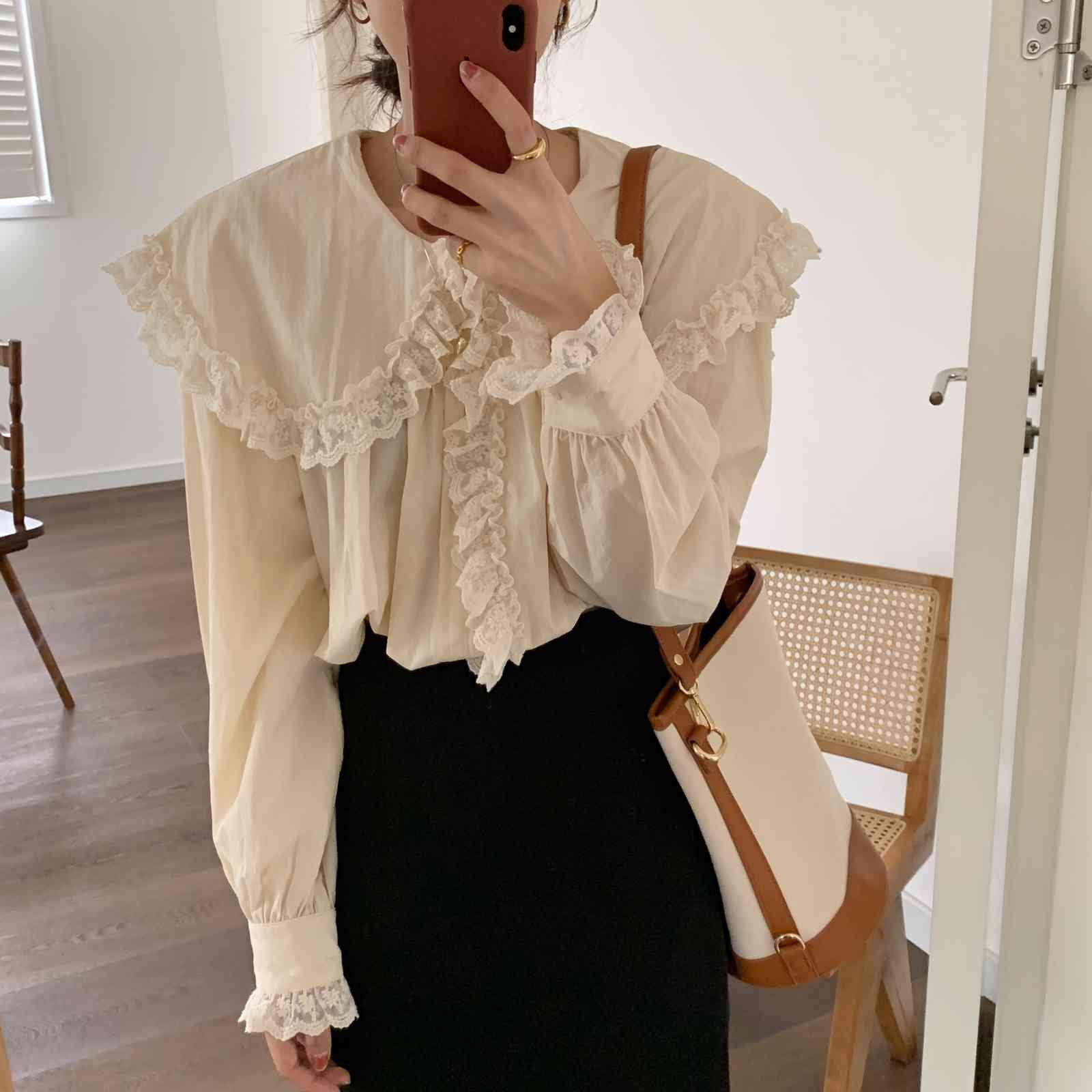 Apricot Office Lady Casual Brief Chic Loose Retro Gentle Blouses Tops Streetwear All Match Stylish Shirts 210416