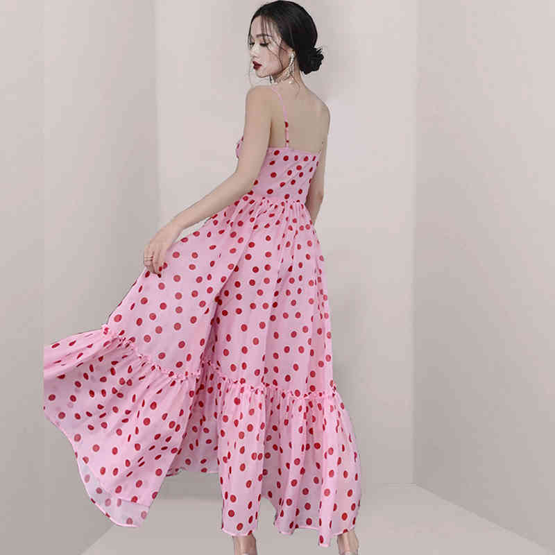 Fashion Sexy Pink Polka Dot Summer Maxi Dress Women Sweet Cute Spaghetti Strap Long Camisole Dresses Vestidos Female Chic 210506
