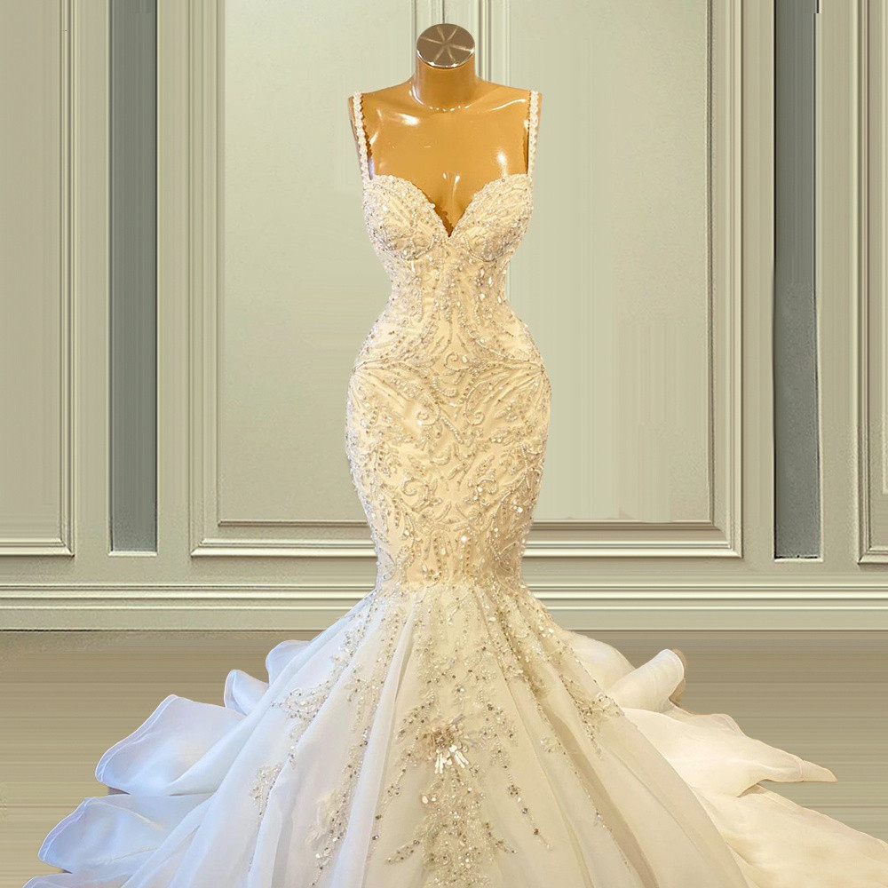 African Spaghetti Strap Mermaid Gowns Beaded Embroidery Lace Wedding Dresses Sweep Train Organza Bridal Gown Formal robes