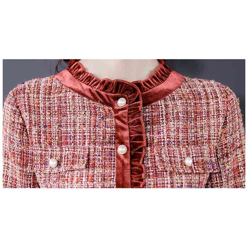 Autumn And Winter Women Vintage Tweed Woolen Red Dress Vestidos Ladies Velvet Patchwork Elegant Plaid Dresses 210520