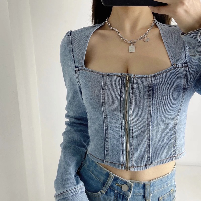 Nomikuma Spring New Sexy Slim Short Jeans Blouse Zipper Korean Long Sleeve Square Collar Shirt Fashion Korean Blusas 6F712 210427