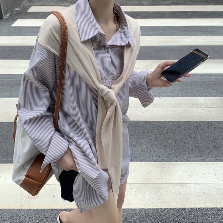 Korea Clothing CHIC False 2 piece Mid Long Striped Oversize Shirt Retro Woman Lapel sleeve Loose Blouse Casual Tops Blousas 210429