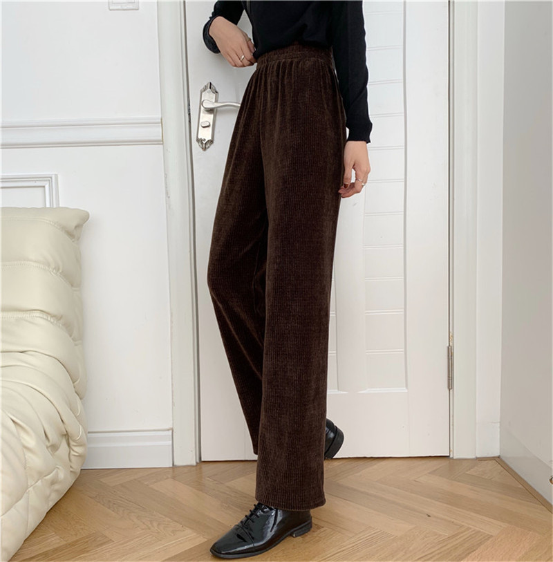 OL Elastic High Waist Wide Leg Corduroy Pants Women Fashion Autumn Winter Bottoms Thick Warm Casual Loose Trousers 210421