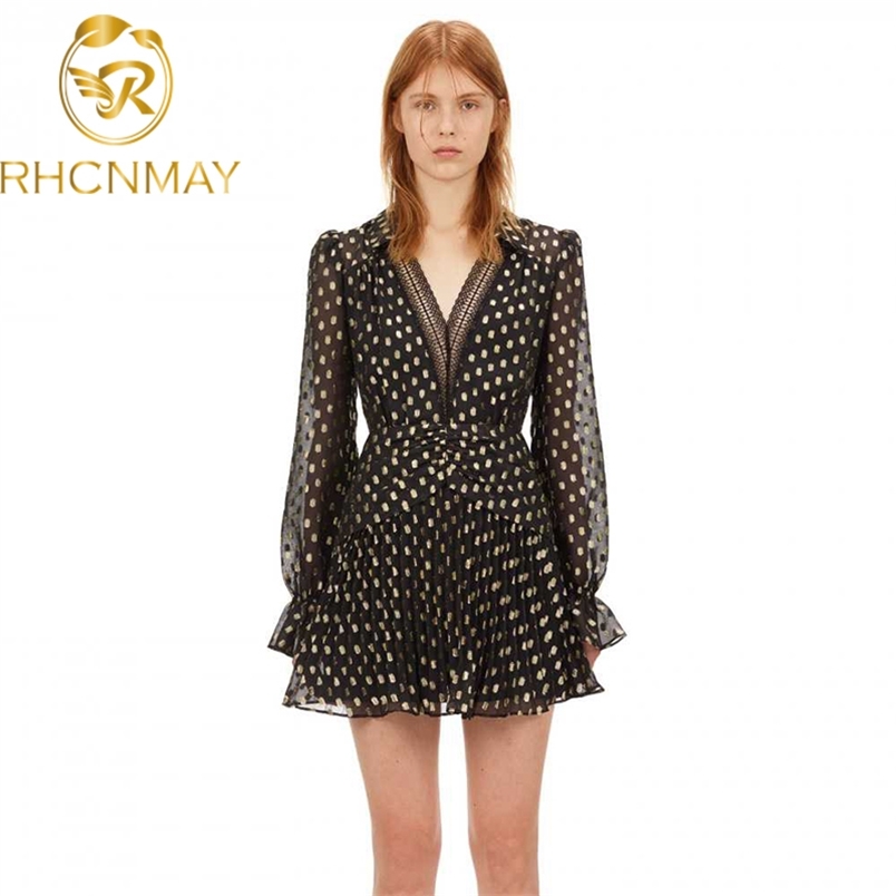 Women Fashion Polka Dot Sleeveless V-neck Print Dress One-piece Dresses dot stitching elegant Ruffle dress 210506