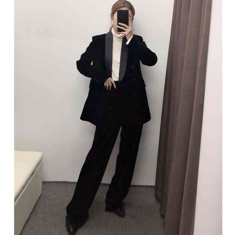 Vintage Straight Pants Women Fashion Velvet Solid Trousers Elegant Ladies Elastic Waist Long Pants Chic Pantalones 210520