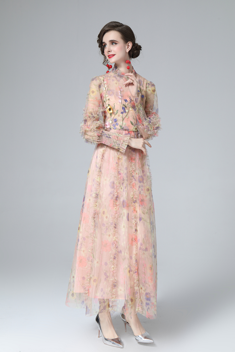 Women's Runway Dress Stand Collar Long Lantern Sleeves Printed Ruffles Elegant Fashion Party Prom Gown