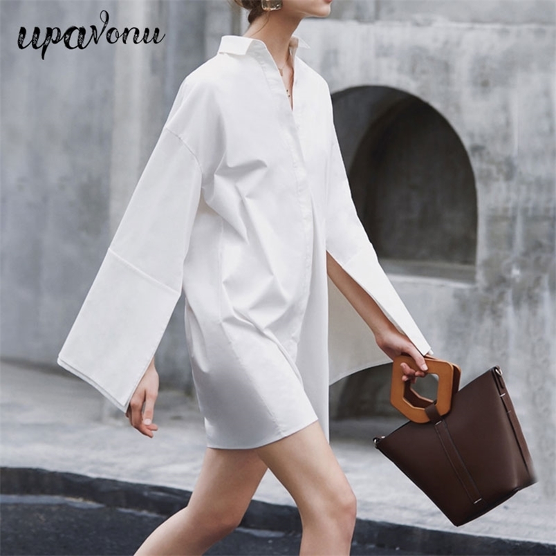 Free Autumn Women White Long Shirt Dress Sexy Lapel Sleeve Single Breasted Party Mini Vestidos 210524