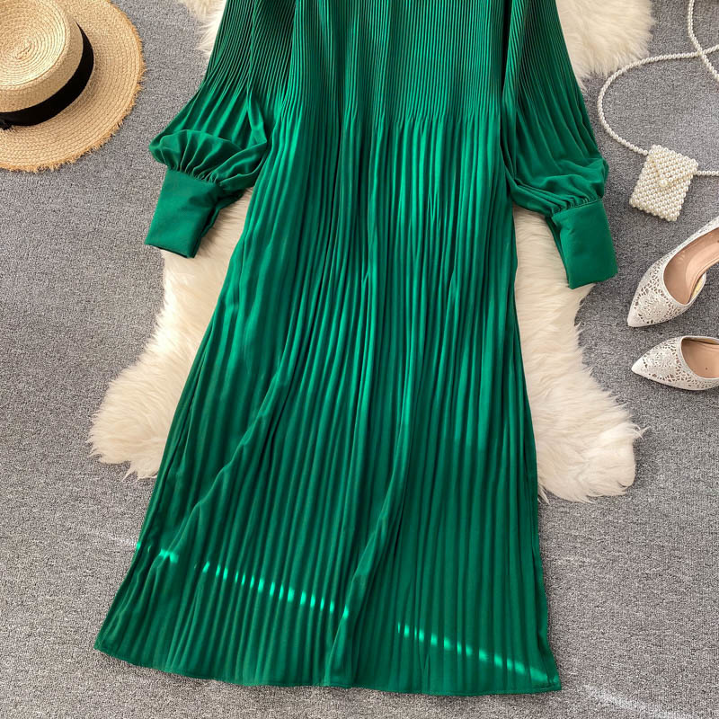 Vintage Pleated Chiffon Long Dress Women Casual Solid Pink/Green/Red O-Neck Draped Slim Vacation Vestidos Autumn Robe New 210409