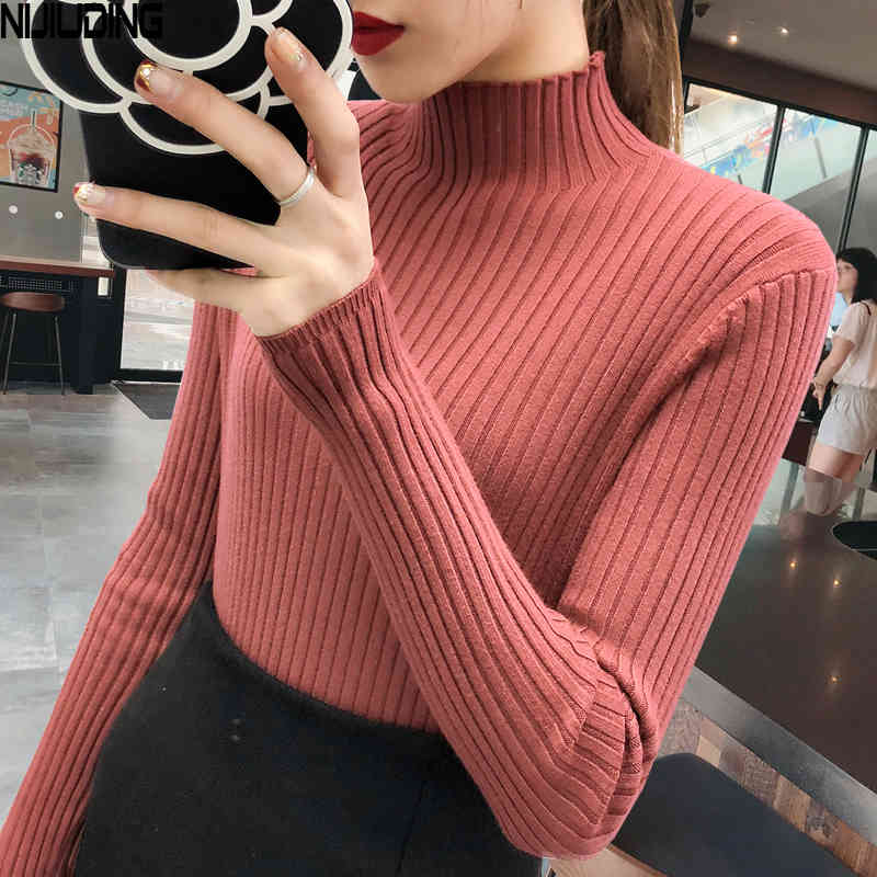 Half-height Round Neck Pullover Sweater for Women In The Autumn of Multi-color Long-sleeved Slim Coat 210514